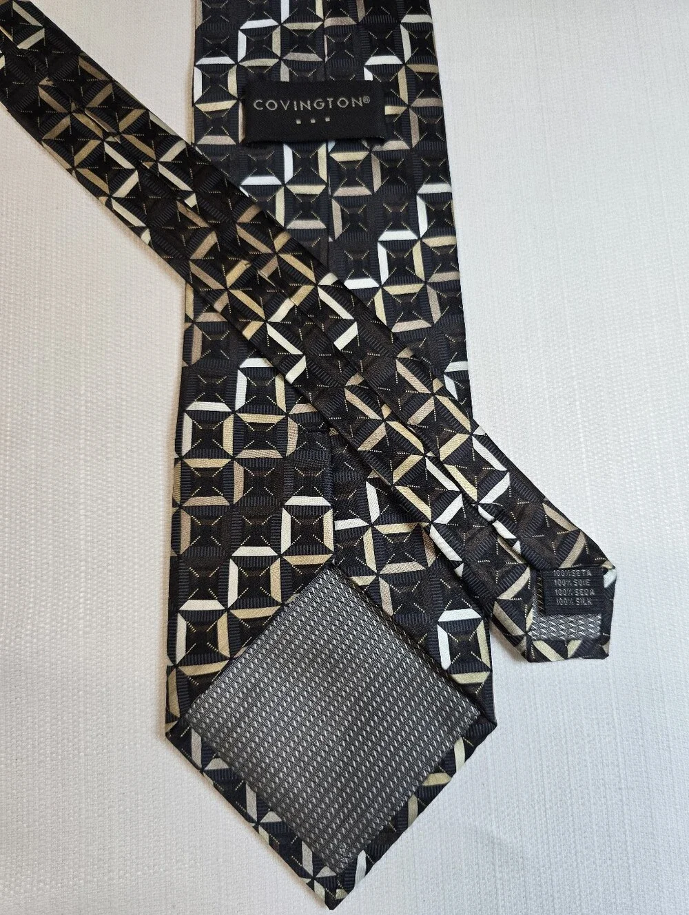 Covington Pure Silk Black Tie with Gold and Cream Geometric Motif
